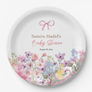 Watercolor Pink Bow Floral Girl baby shower Paper Plate