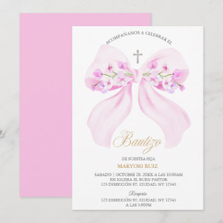 Watercolor Pink Bow Floral Girl Baptism Invitation