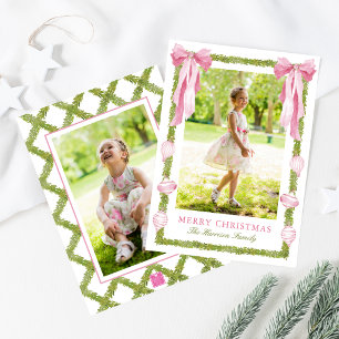 Watercolor Pink Bow Garland Christmas Photo Holiday Card