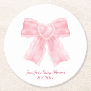watercolor pink bow girl baby shower simple cute round paper coaster