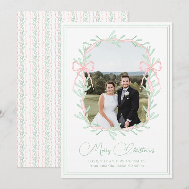 Watercolor Pink Bow Greenery Christmas Photo Holiday Card (Front/Back)
