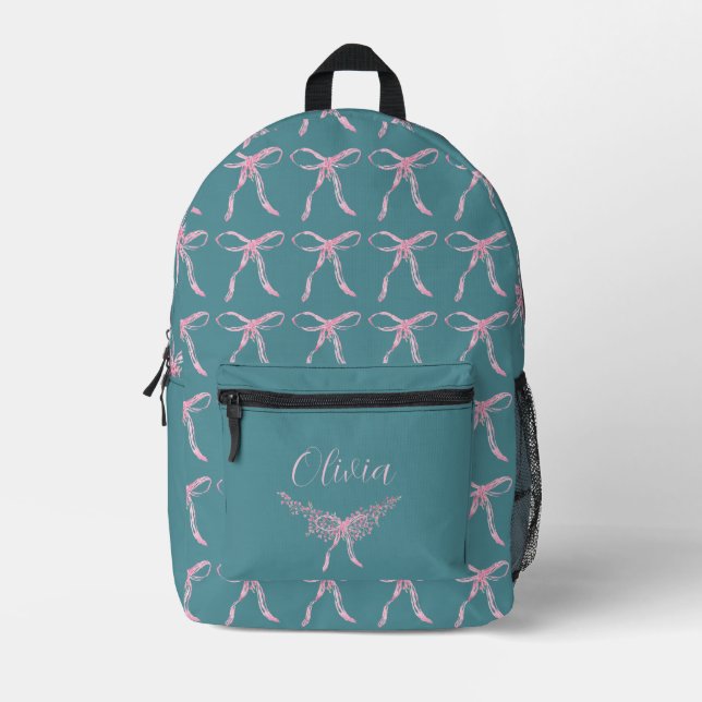 Watercolor Pink Bow Pattern Printed Backpack (Front)