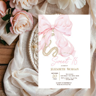 Watercolor Pink Bow Pearls Dots Sweet 16 Invitation