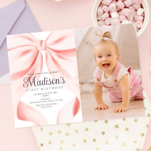 Watercolor Pink Bow Photo First Birthday Invitation