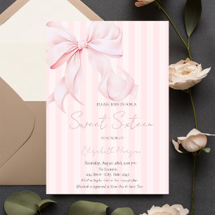  Watercolor Pink Bow Pink Stripes Sweet 16 Invitation