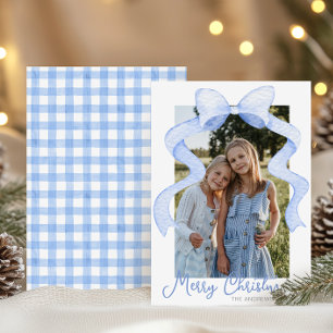 Watercolor Pink Bow Ribbon Sash Christmas Photo Holiday Card