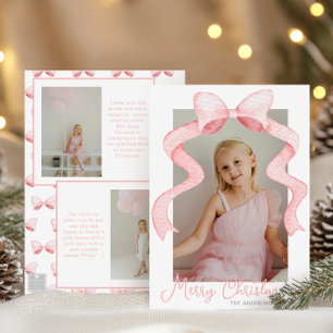 Watercolor Pink Bow Ribbon Sash Christmas Photo Holiday Card