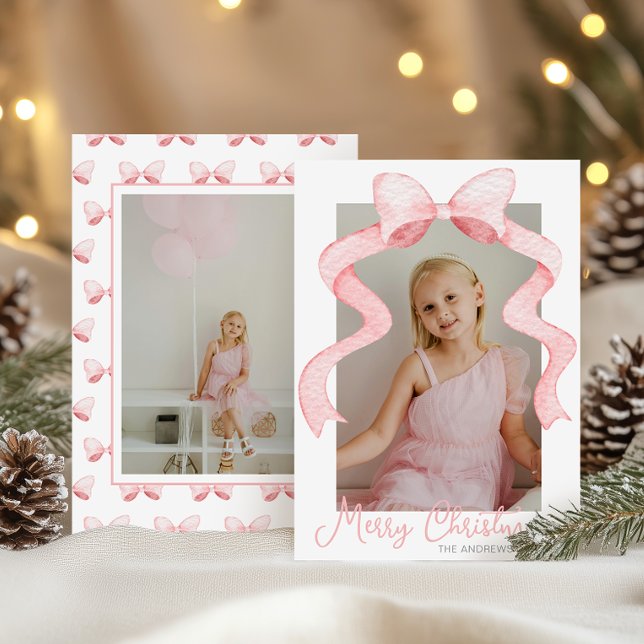 Watercolor Pink Bow Ribbon Sash Christmas Photo Holiday Card (Creator Uploaded)