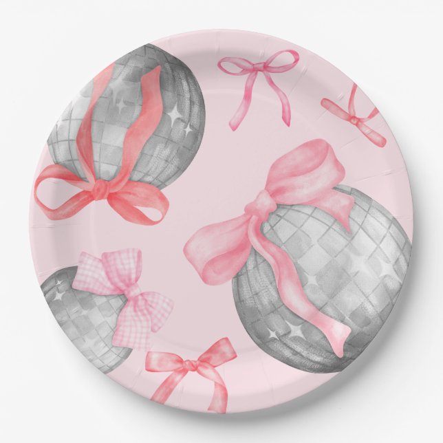 Watercolor Pink Bow Ribbon Silver Disco Ball Paper Plate (Front)