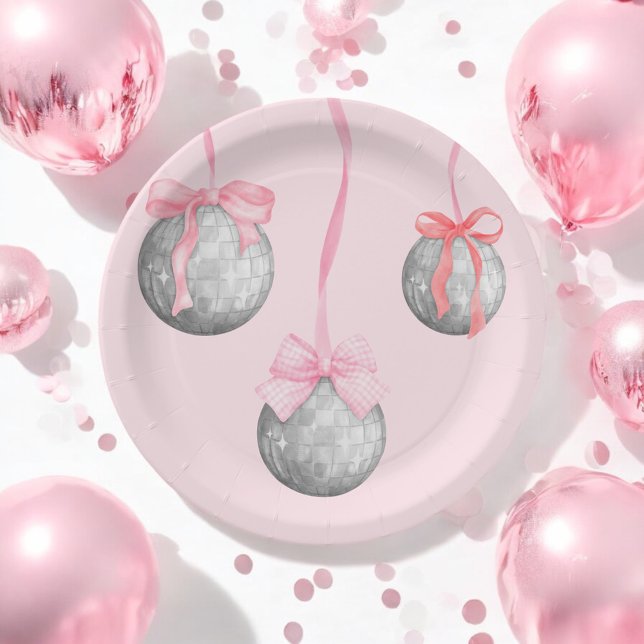 Watercolor Pink Bow Ribbon Silver Disco Ball Paper Plate (Creator Uploaded)