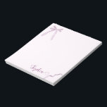 Watercolor Pink Bow Ribbon Sweet Personalized Notepad<br><div class="desc">Add a touch of sweetness to your daily notes with this personalized notepad featuring a soft watercolor pink bow and ribbon design. Perfect for adding charm to your office supplies, this custom notepad can be personalized with your name or a special message, making it a wonderful gift for friends, family,...</div>