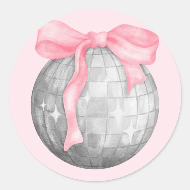 Watercolor Pink Bow Silver Disco Ball Classic Round Sticker (Front)