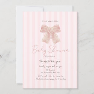  Watercolor Pink Bow Striped Baby Shower Invitation