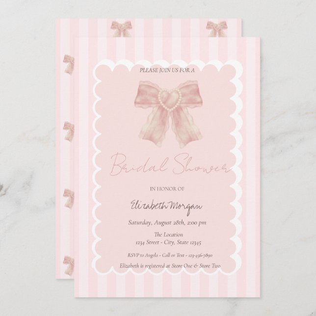 Watercolor Pink Bow Striped Bridal Shower Invitation (Front/Back)