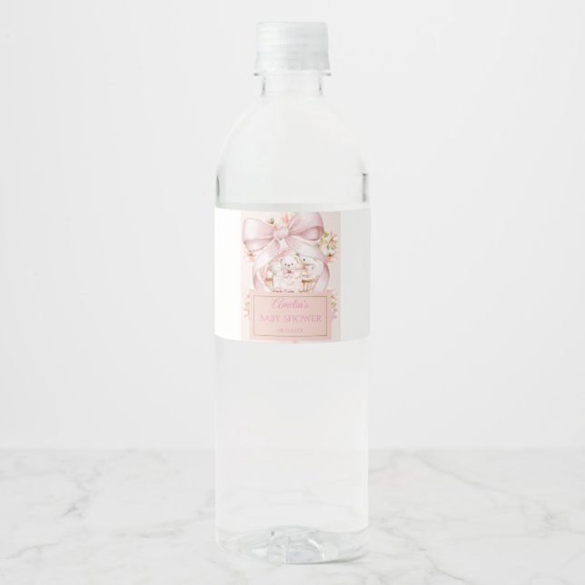 Watercolor Pink Bow Water Bottle Labels (Front)