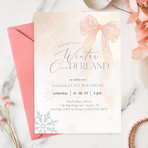 Watercolor Pink Bow Winter Onederland 1st Birthday Invitation