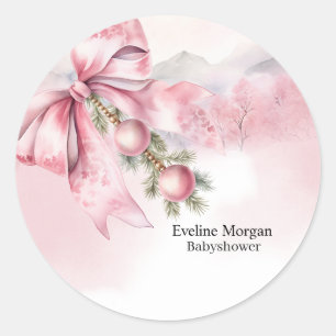 Watercolor Pink Bow with Baubles Baby Shower Classic Round Sticker