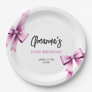Watercolor Pink Bows Coquette Sweet 16 Birthday Paper Plate