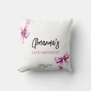 Watercolor Pink Bows Coquette Sweet 16 Birthday Throw Pillow