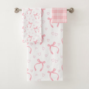 Watercolor Pink Bows with Hearts Bath Towel Set