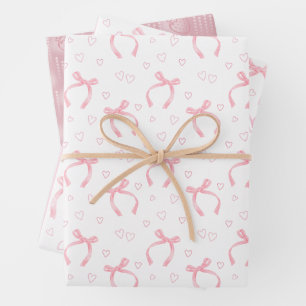 Watercolor Pink Bows with Hearts Wrapping Paper Sheet