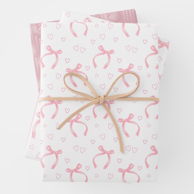 Watercolor Pink Bows with Hearts Wrapping Paper Sheet (In situ)