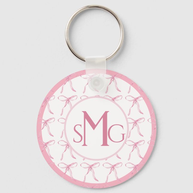 Watercolor Pink Bows with Monogram  Keychain (Front)