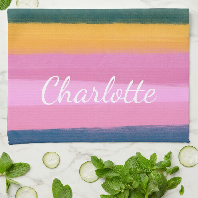 Watercolor Pink Brush Stroke Stripes Personalized  Kitchen Towel (Folded)