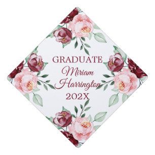 Watercolor pink burgundy roses graduation cap
