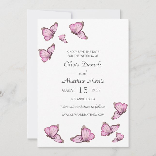 Watercolor pink butterflies. Wedding Save The Date (Front)