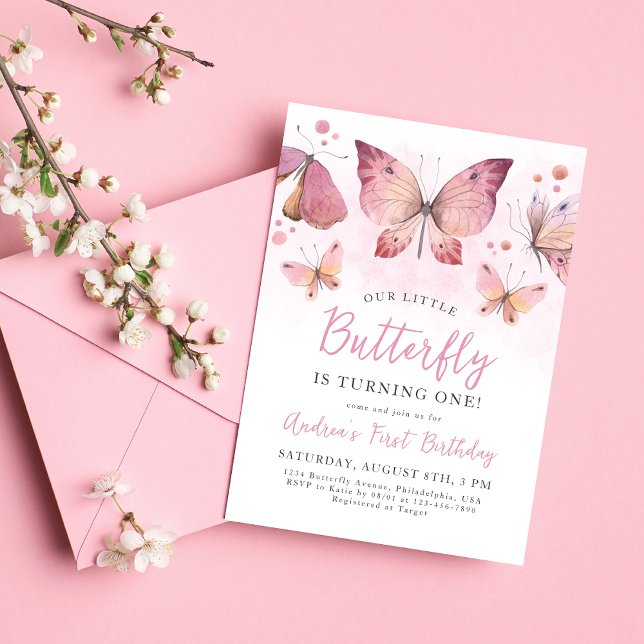 Watercolor Pink Butterfly First Birthday Invitation (Creator Uploaded)