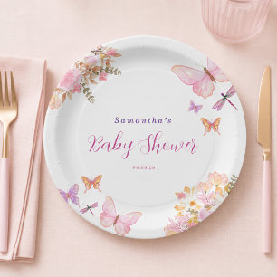 Watercolor Pink butterfly Floral Baby Shower  Paper Plate
