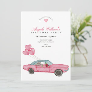 Watercolor pink car birthday invitation