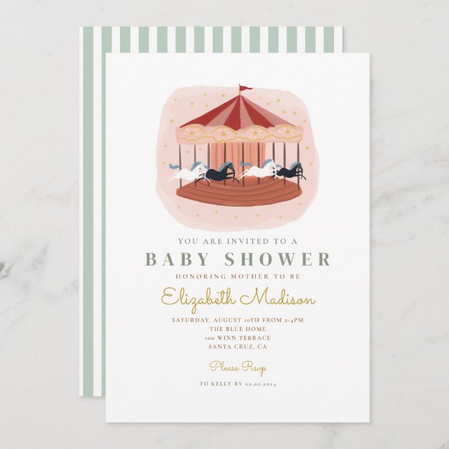 Watercolor pink Carousel Baby Shower Invitation (Front/Back)