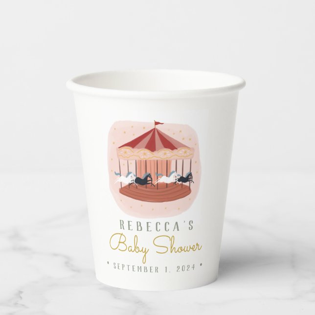 Watercolor Pink Carousel Baby Shower Paper Cups (Front)