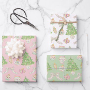 Watercolor Pink Chinoiserie Baubles Christmas Tree Wrapping Paper Sheet