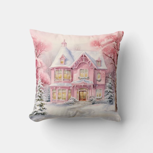 Watercolor Pink Christmas Art Throw Pillow (Front)