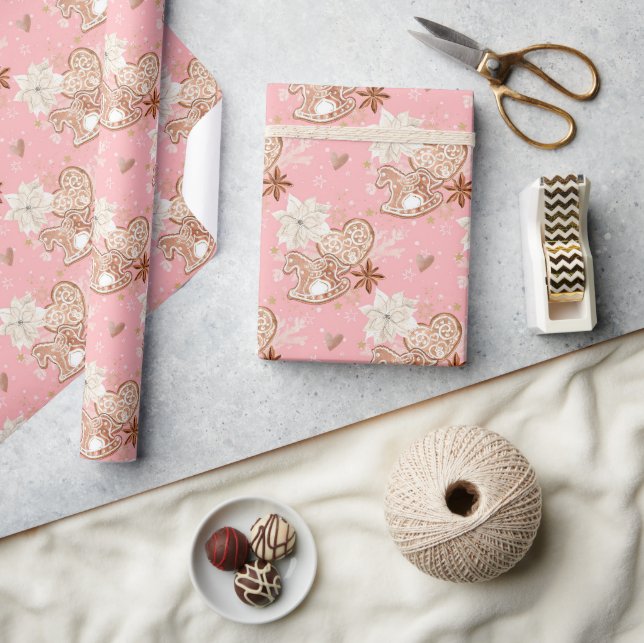 Watercolor Pink Christmas Cookies & Snowflakes Wrapping Paper (Crafts)