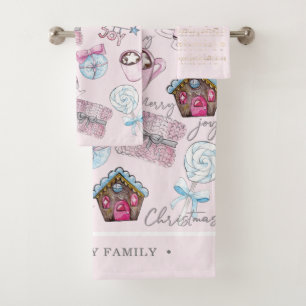 Watercolor Pink Christmas elements Bath Towel Set
