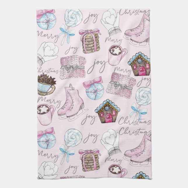Watercolor Pink Christmas Girly Kitchen Towel (Vertical)
