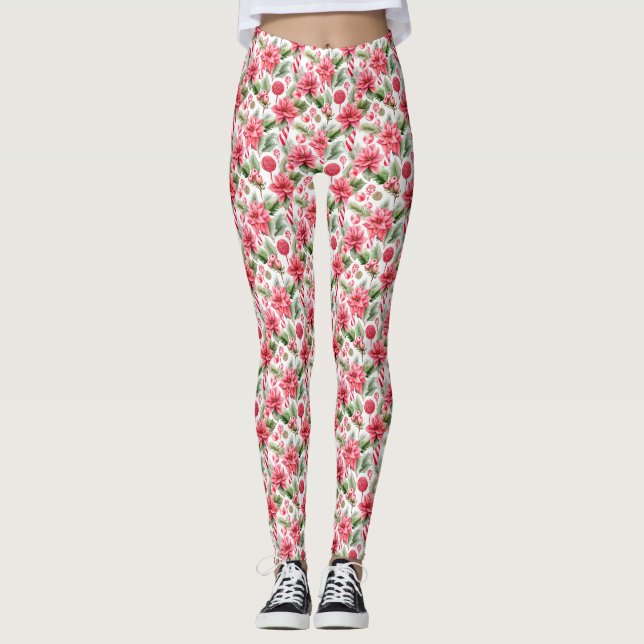 Watercolor Pink Christmas Leggings (Front)