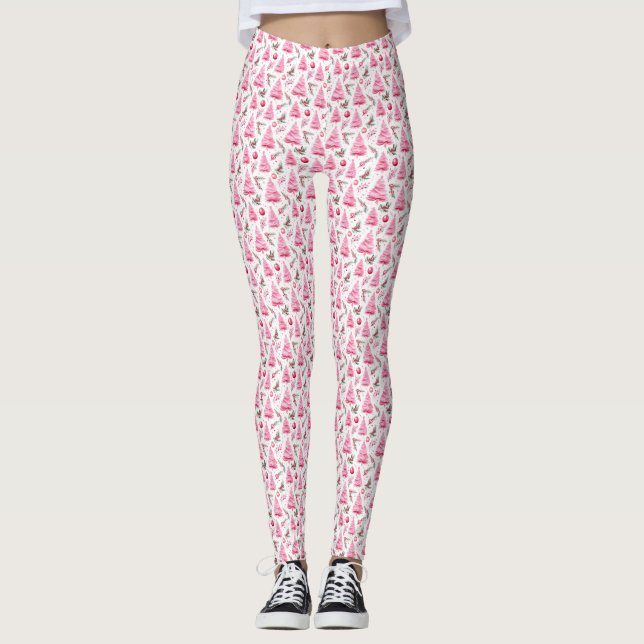 Watercolor Pink Christmas Leggings (Front)