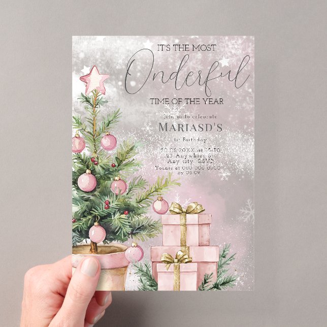 watercolor Pink Christmas Tree 1st birthday  Acrylic Invitations (Insitu (Handheld))