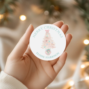 Watercolor Pink Christmas Tree Grandmillennial Classic Round Sticker