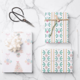 Watercolor Pink Christmas Tree Grandmillennial Wrapping Paper Sheet