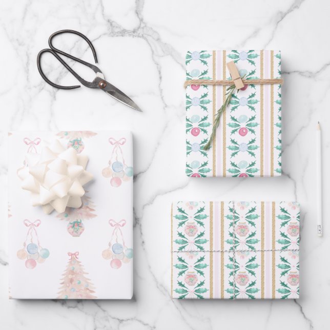 Watercolor Pink Christmas Tree Grandmillennial Wrapping Paper Sheet (Front)