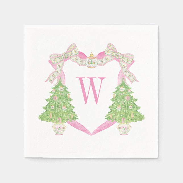 Watercolor Pink Christmas Tree Monogram Crest Napkin (Front)