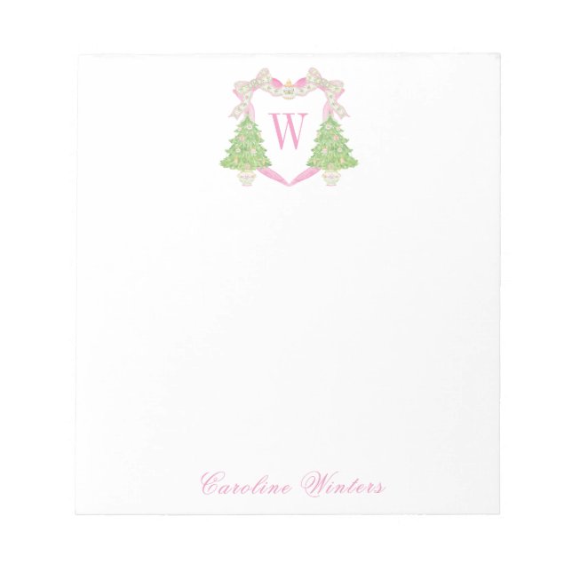 Watercolor Pink Christmas Tree Monogram Crest Notepad (Front)