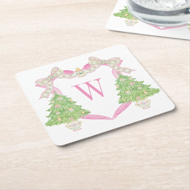 Watercolor Pink Christmas Tree Monogram Crest Square Paper Coaster (Angled)