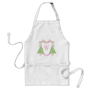 Watercolor Pink Christmas Tree Monogram Crest Standard Apron